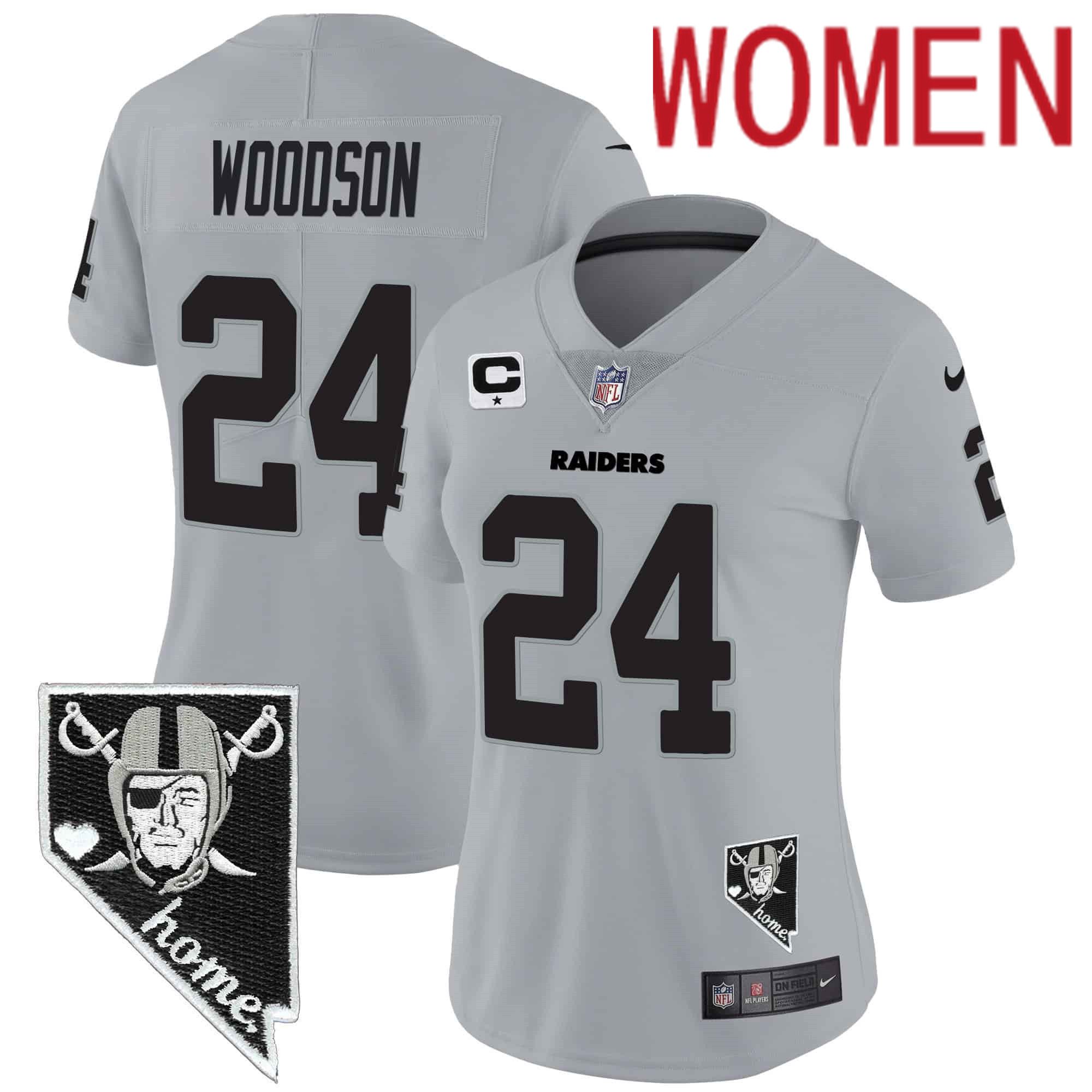Women Oakland Raiders 24 Woodson Grey 2024 Nike Nevada Home Patch Vapor NFL Jersey